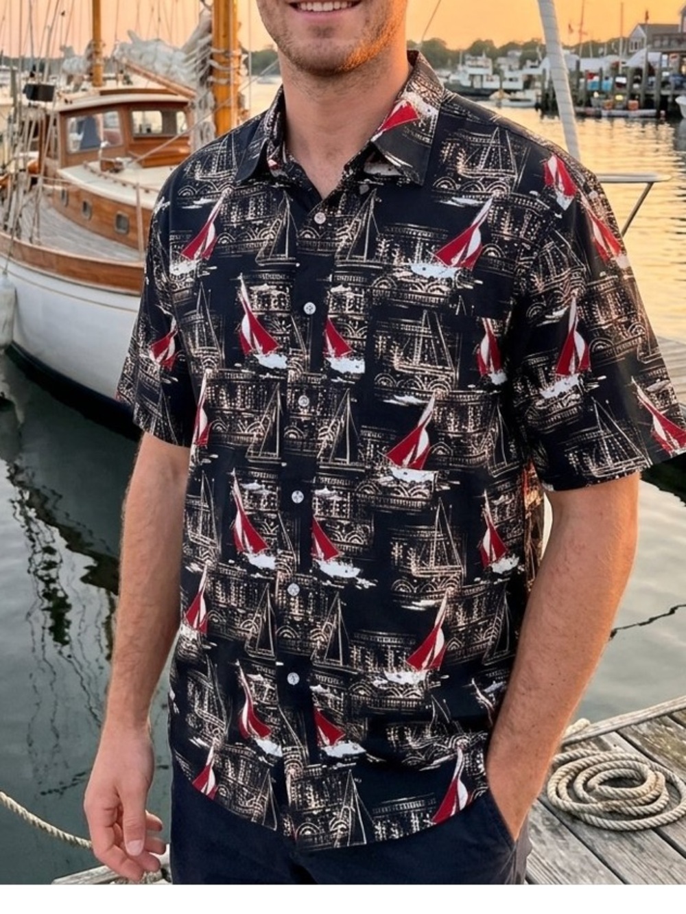 Natural Issue Men's Wrinkle Free Sail Boat Button Shirt Nautical Sz L